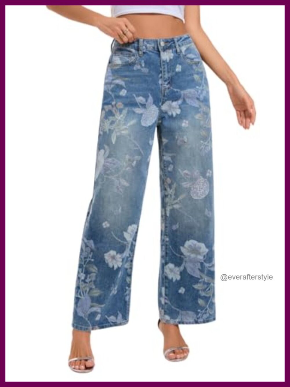 High Rise Straight Leg Floral Stretch Jeans Womens Summer Cute Denim Pants